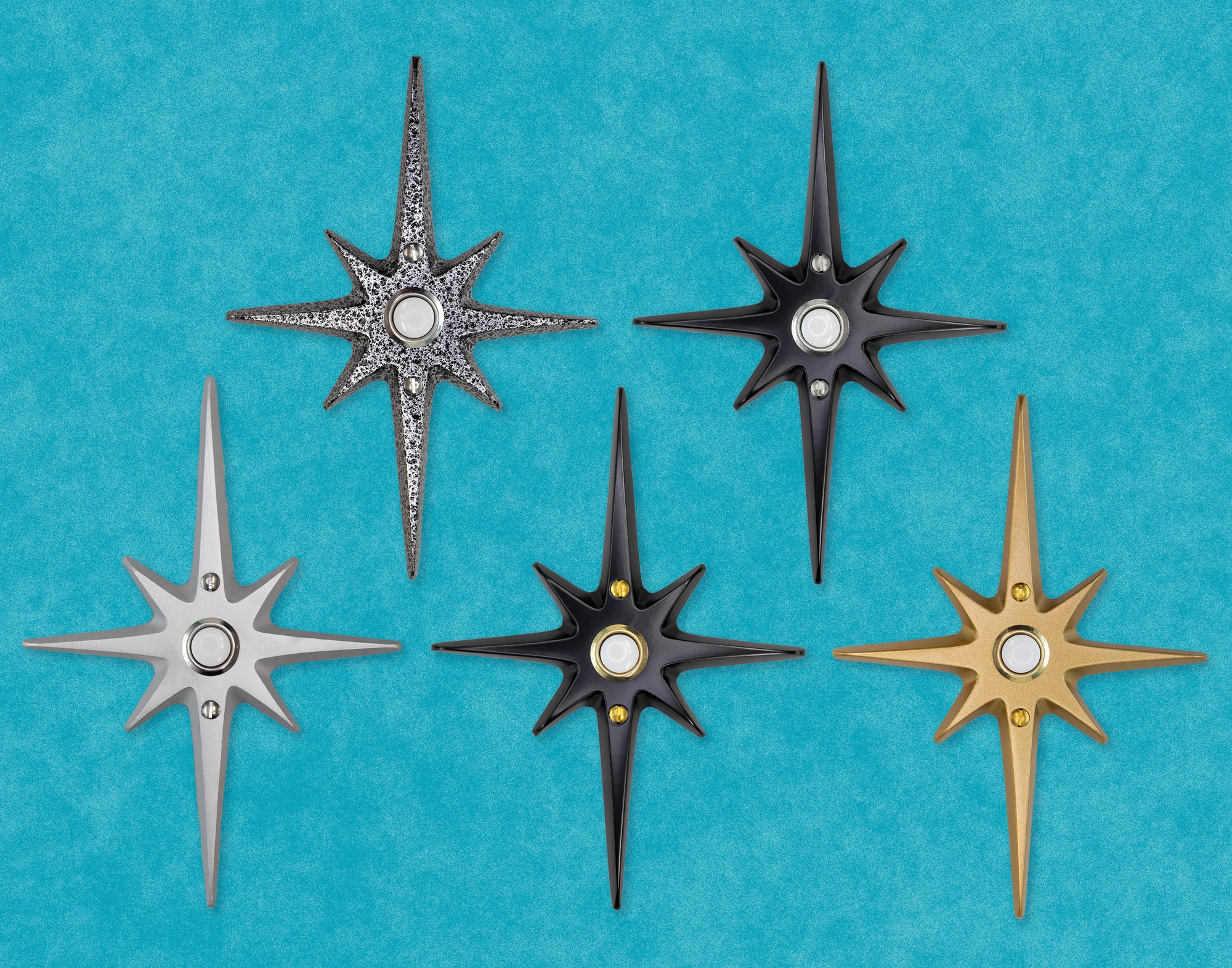 Collage of all five variations of the medium starburst doorbell. They are cast aluminum, one variation is bare natural aluminum, while the rest have a colored powder coating.