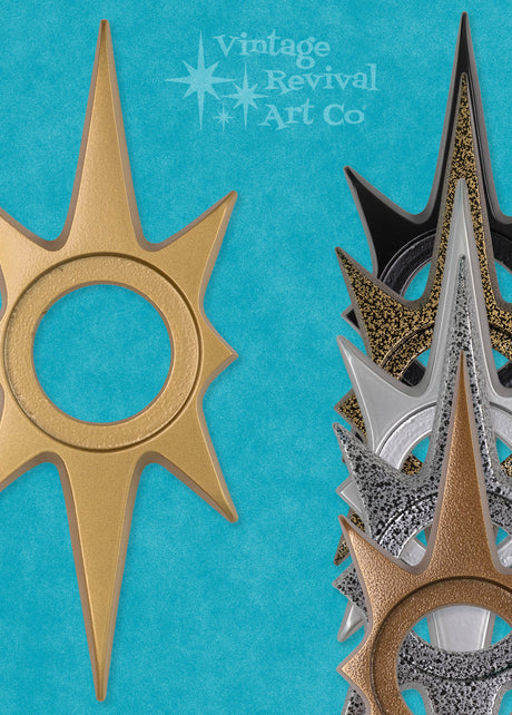 10-inch Atomic Starburst Doorknob Escutcheon in cast aluminum with a dramatic 1950s-inspired starburst silhouette.