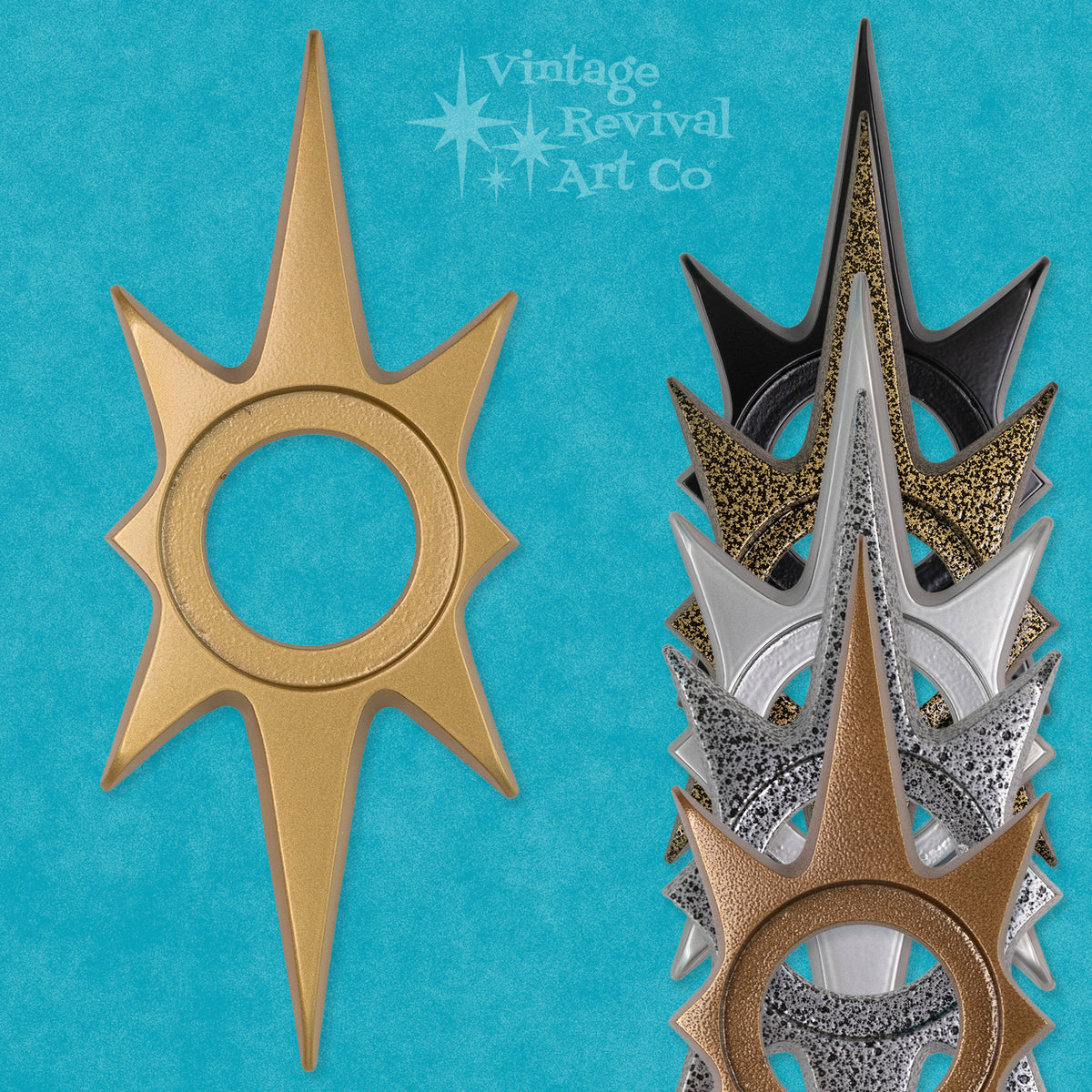 10-inch Atomic Starburst Doorknob Escutcheon in cast aluminum with a dramatic 1950s-inspired starburst silhouette.