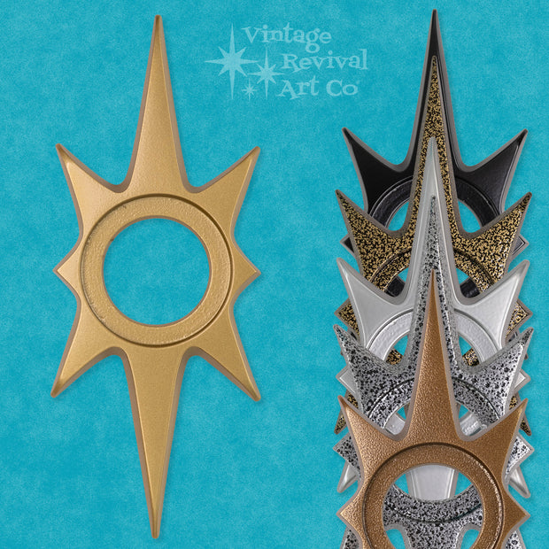 10-inch Atomic Starburst Doorknob Escutcheon in cast aluminum with a dramatic 1950s-inspired starburst silhouette.