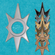 A collection of Atomic Starburst Escutcheons in various finishes including silver, gold, black, and bronze displayed against a blue background. Eight-inch Atomic Starburst cast aluminum doorknob escutcheon with sculptural Mid-Century Modern starburst shape.