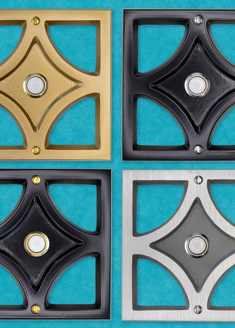 Collage of the 4 variants of the breeze block door bells: gold with gold doorbell, black with gold door bell, black with silver door bell, and silver with silver doorbell.