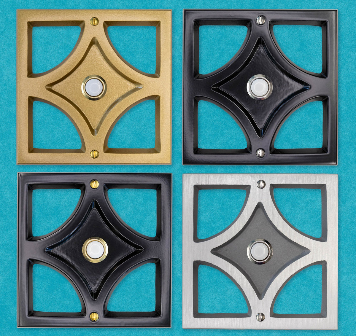 Collage of the 4 variants of the breeze block door bells: gold with gold doorbell, black with gold door bell, black with silver door bell, and silver with silver doorbell. Geometric Breeze Block Doorbell Button in cast aluminum with silver illuminated LED push button