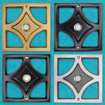 Collage of the 4 variants of the breeze block door bells: gold with gold doorbell, black with gold door bell, black with silver door bell, and silver with silver doorbell. Geometric Breeze Block Doorbell Button in cast aluminum with silver illuminated LED push button