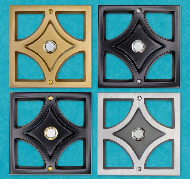 Collage of the 4 variants of the breeze block door bells: gold with gold doorbell, black with gold door bell, black with silver door bell, and silver with silver doorbell. Geometric Breeze Block Doorbell Button in cast aluminum with silver illuminated LED push button