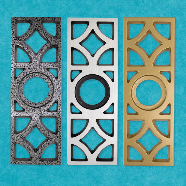 Breeze Block doorknob escutcheon in solid aluminum featuring three stacked geometric architectural shapes and a mid-century modern design.