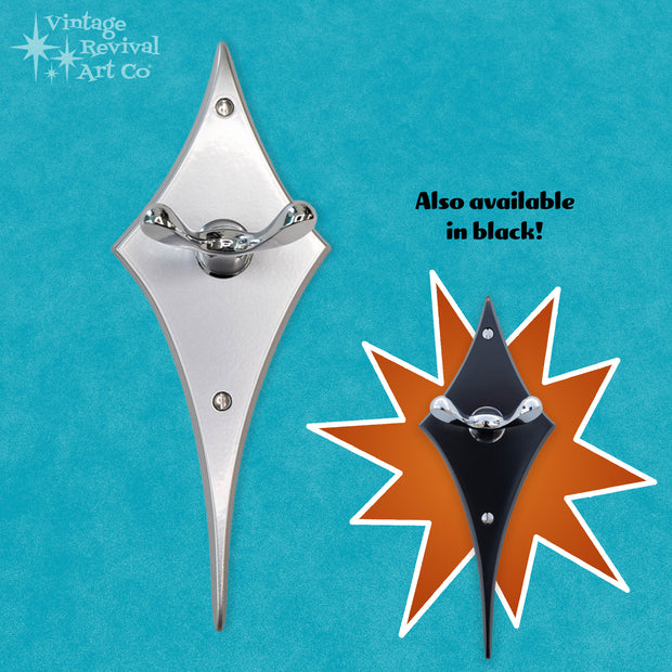Comet Mid-Century Robe Hook with silver powder-coated cast aluminum backplate and chrome-plated steel hook.