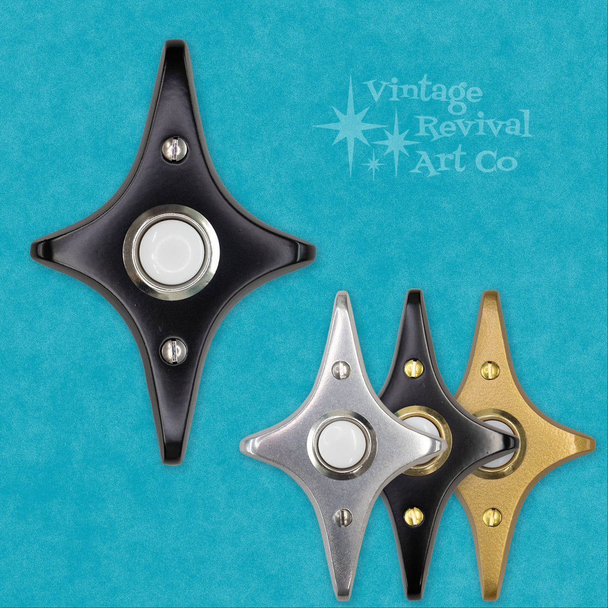 Diamond Star Doorbell Button in cast aluminum with geometric Atomic Age styling and an illuminated LED pushbutton.