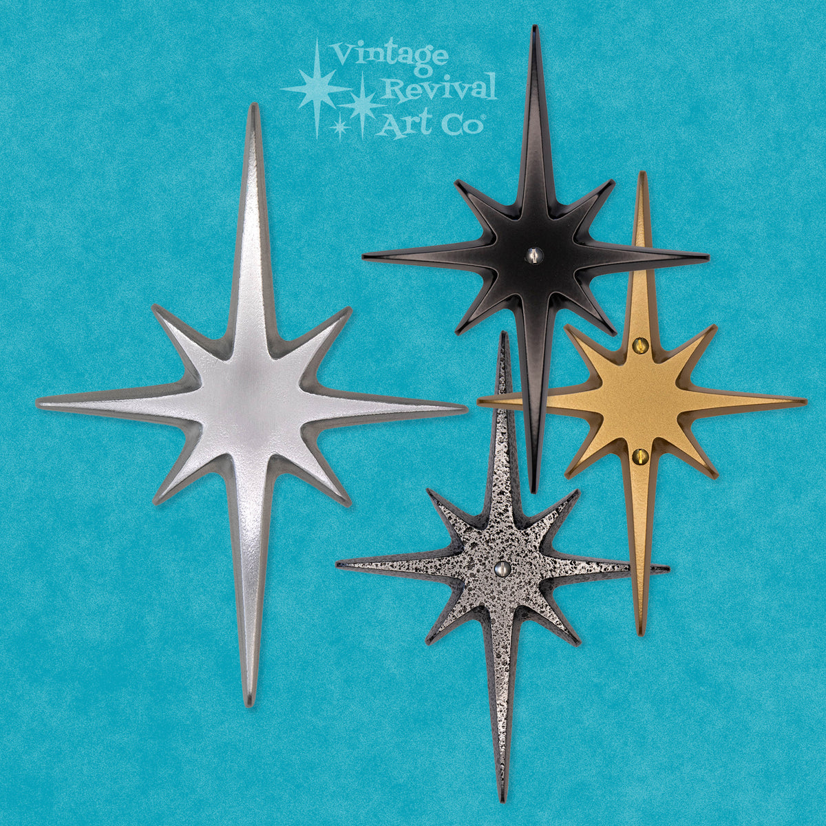 A collection of Medium 7½-inch cast aluminum Atomic Starburst decorative plate with classic Mid-Century Modern design. handcrafted cast aluminum atomic starbursts in silver, bronze, and gold colors with a hammered finish, displayed against a blue background.