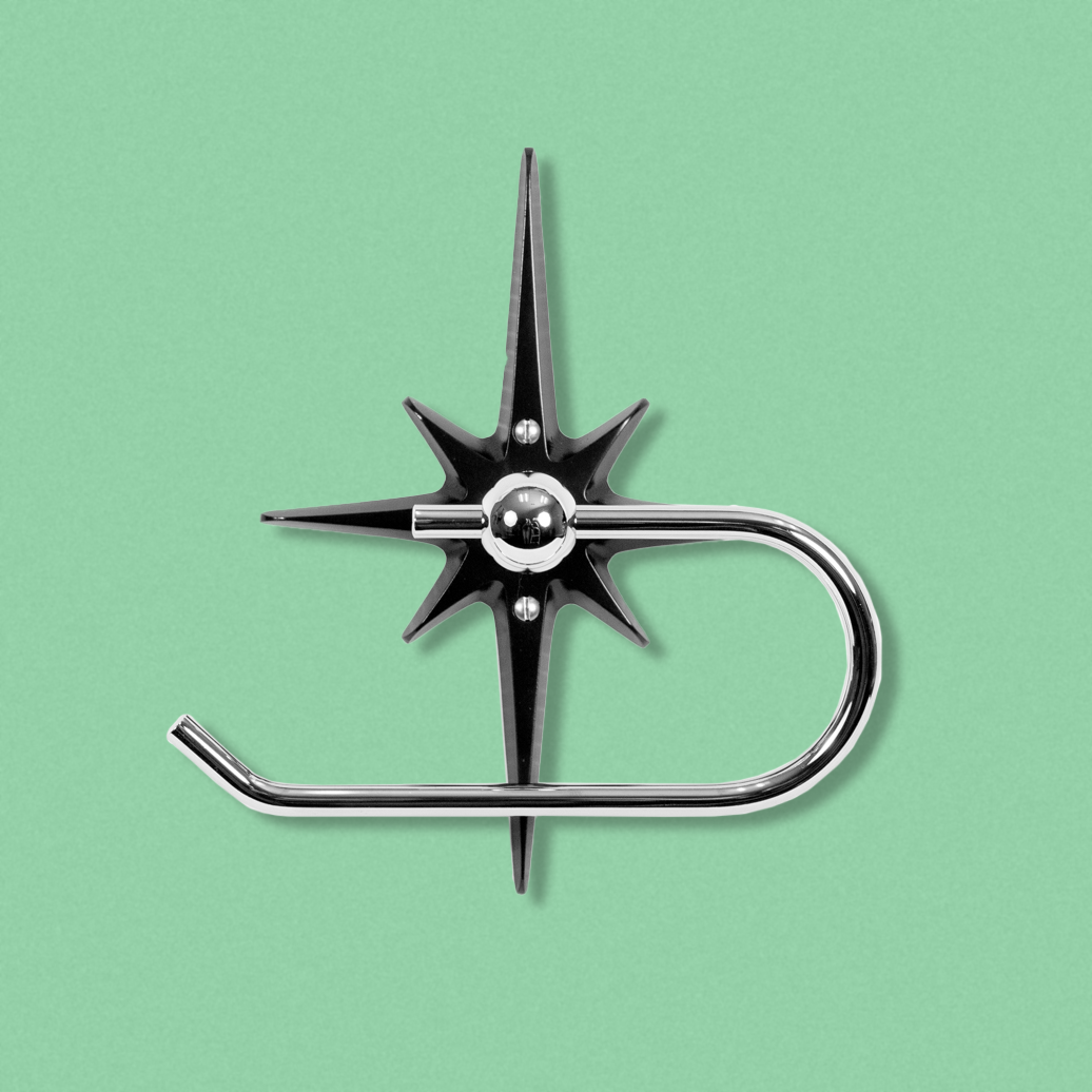 Midnight Star European-Style Toilet Paper Holder with matte black aluminum starburst and chrome open-ended holder.