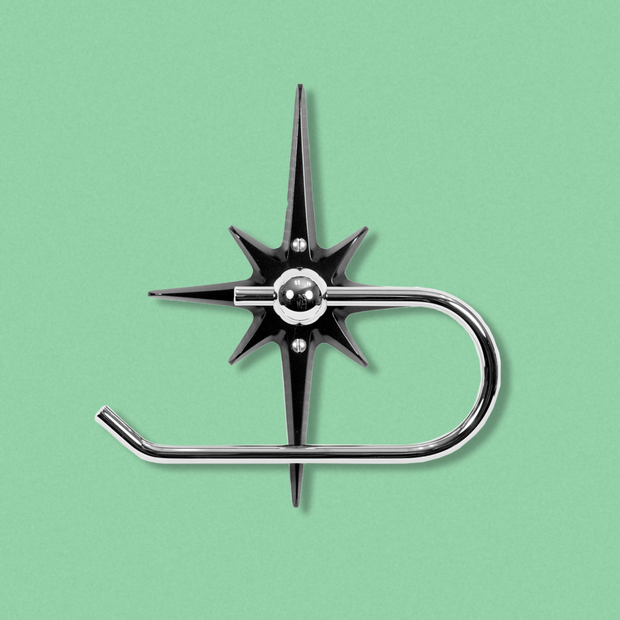 Midnight Star European-Style Toilet Paper Holder with matte black aluminum starburst and chrome open-ended holder.