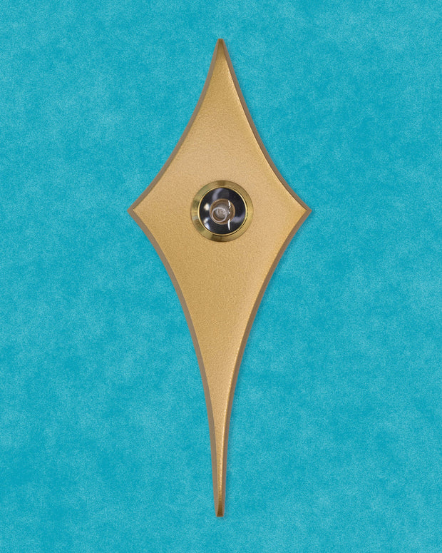 Comet Peephole Viewer in gold powder-coated aluminum with matching gold viewer.