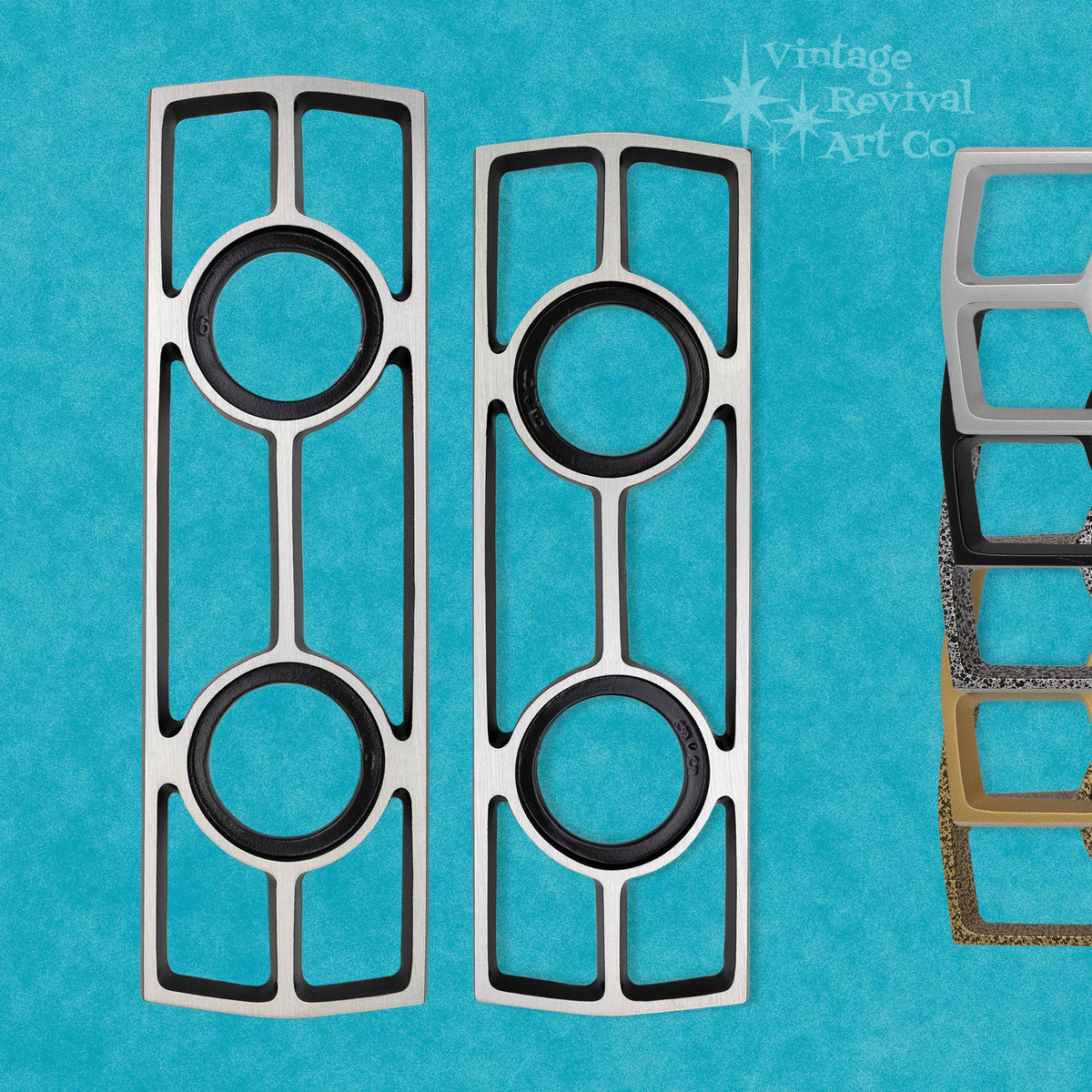 Ambassador Double Doorknob Escutcheon in aluminum with an elongated mid-century design for a door with a separate deadbolt and doorknob.