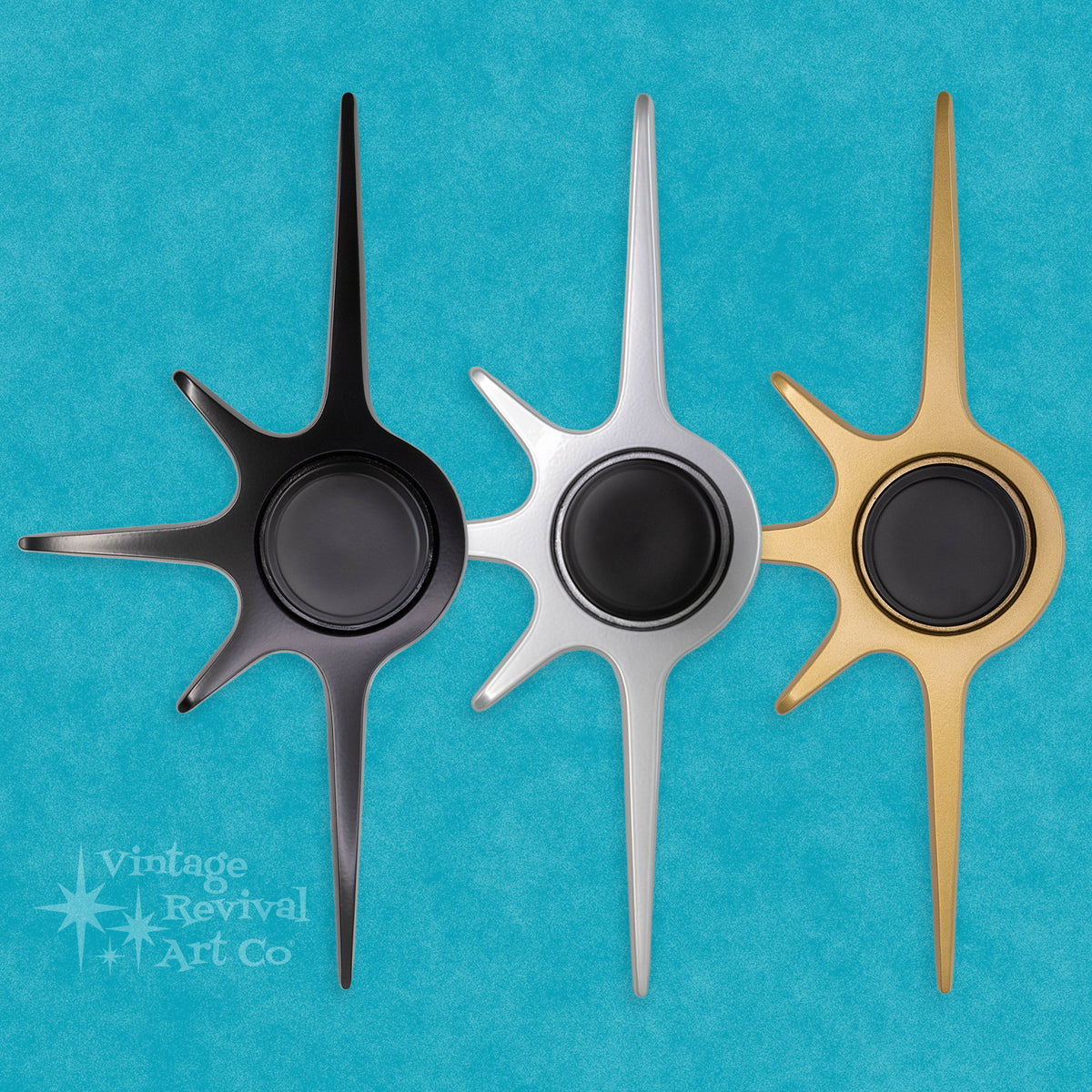 Rising Sun Atomic Starburst doorknob escutcheon in cast aluminum with long sweeping points and dramatic mid-century design.
