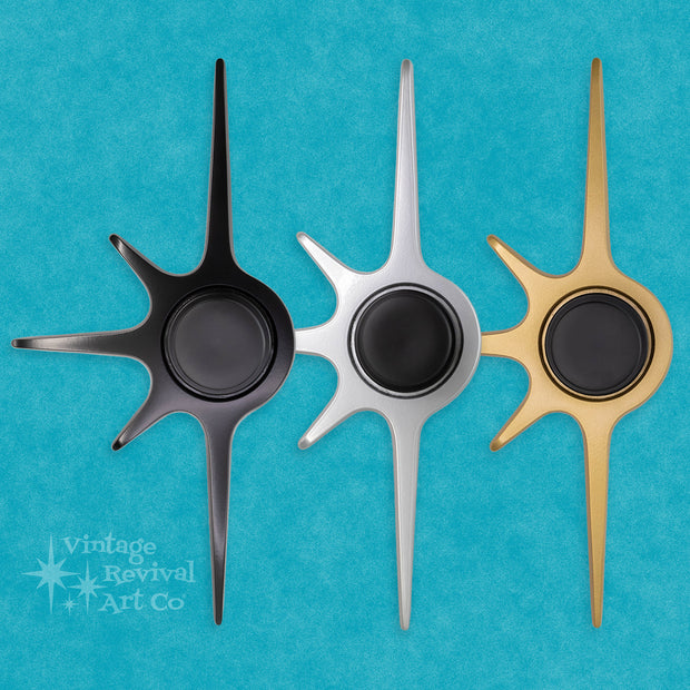 Rising Sun Atomic Starburst doorknob escutcheon in cast aluminum with long sweeping points and dramatic mid-century design.