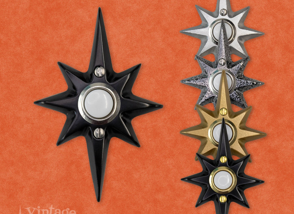 A collection of Atomic Starburst Doorbell Buttons with cast aluminum decorative plate.