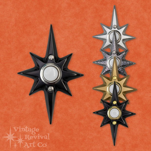 A collection of Atomic Starburst Doorbell Buttons with cast aluminum decorative plate.