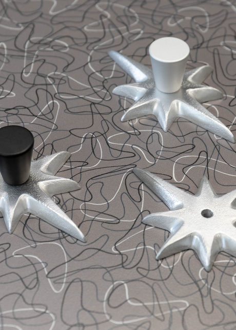 Atomic Starburst Drawer Pull with shiny hammered aluminum backing and chrome bulb knob.