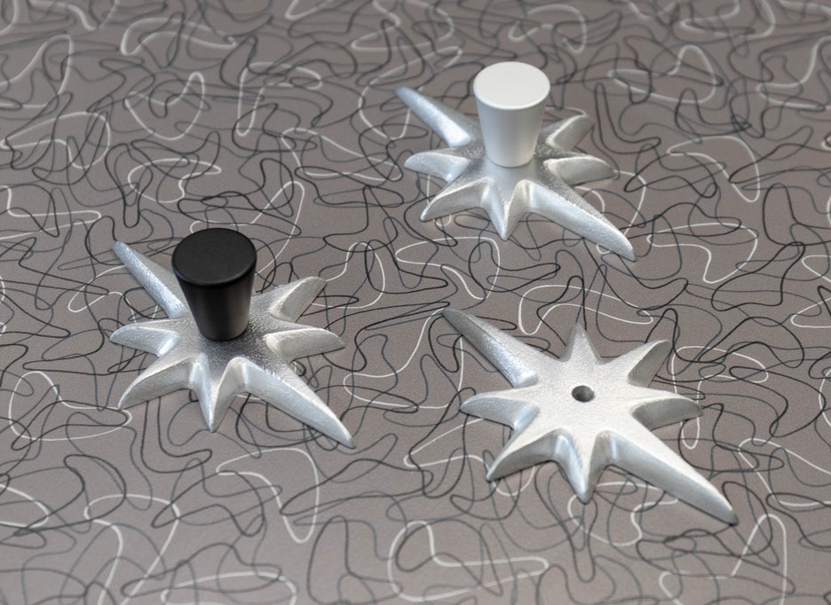 Atomic Starburst Drawer Pull with shiny hammered aluminum backing and chrome bulb knob.