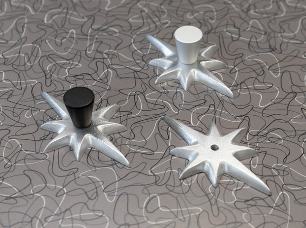 Atomic Starburst Drawer Pull with shiny hammered aluminum backing and chrome bulb knob.