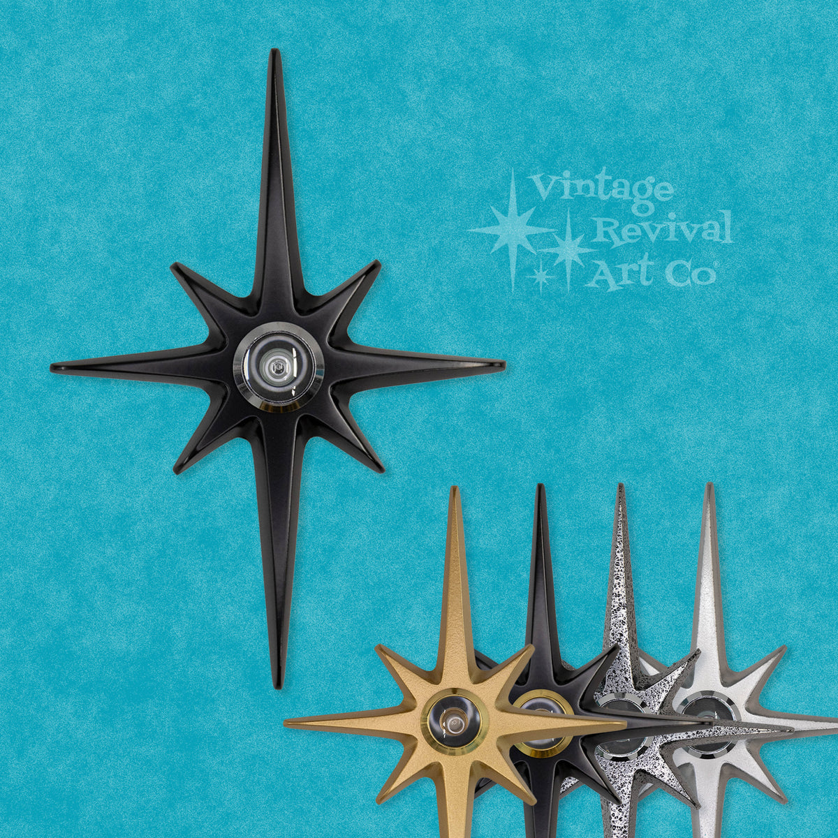 A collage of Mid-century modern peephole viewers with decorative starburst plate.