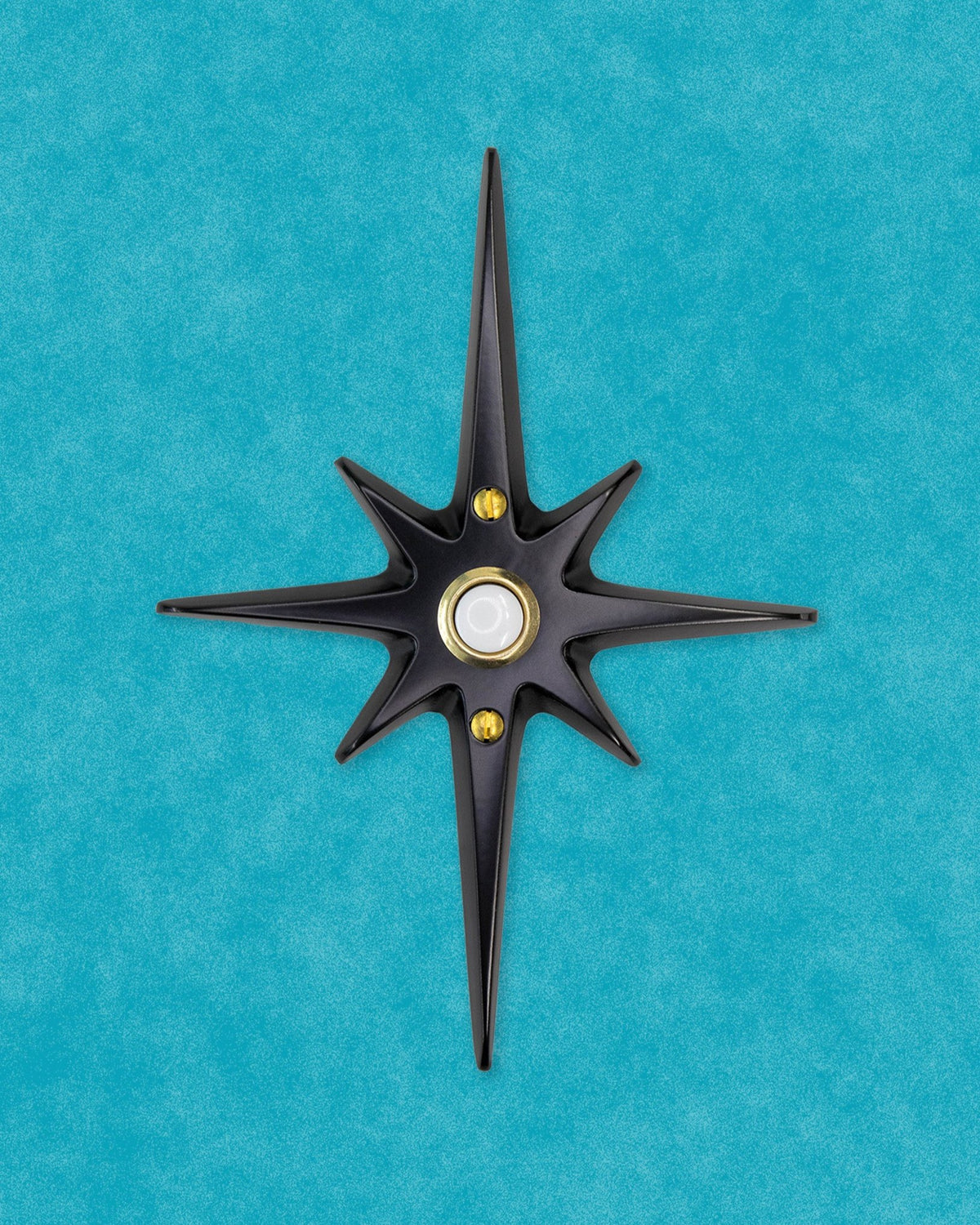 Matte black Atomic Starburst Doorbell Button with contrasting gold pushbutton.