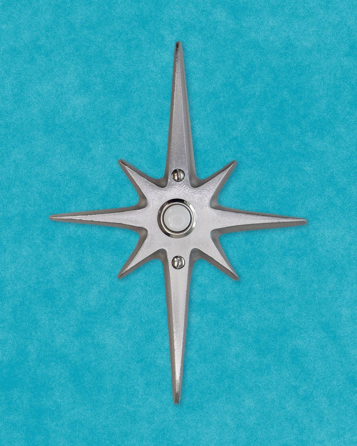 Large Atomic Starburst Doorbell Button in natural aluminum with silver LED button.