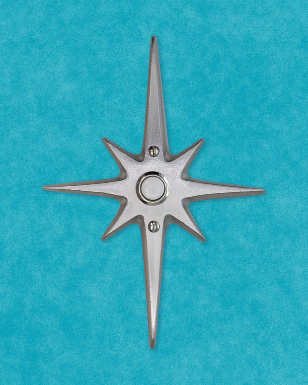 Large Atomic Starburst Doorbell Button in natural aluminum with silver LED button.