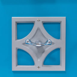 Breeze Block Robe Hook featuring a geometric cast aluminum backplate and polished chrome dual-post hook.