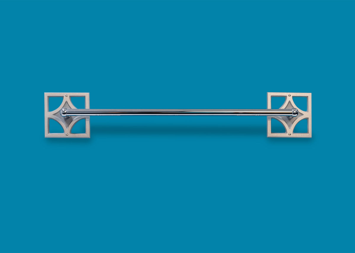 Breeze Block Towel Bar with handcrafted aluminum geometric backplates and chrome-finished bar in a mid-century modern design.