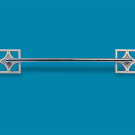 Breeze Block Towel Bar with handcrafted aluminum geometric backplates and chrome-finished bar in a mid-century modern design.